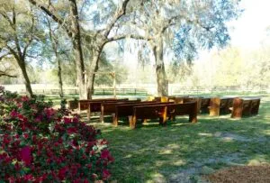 Pews set up for an outdoor ceremony at Jax wedding venue.